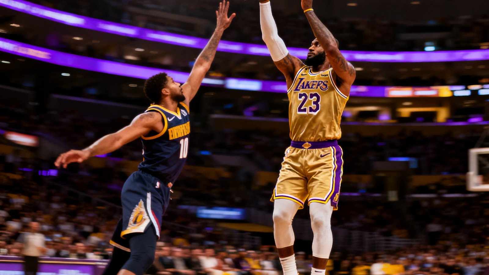 NBA赛场：身穿湖人金色球衣的勒布朗·詹姆斯在三分线外出手跳投，防守球员伸手干扰，画面定格在篮球飞行的瞬间。
